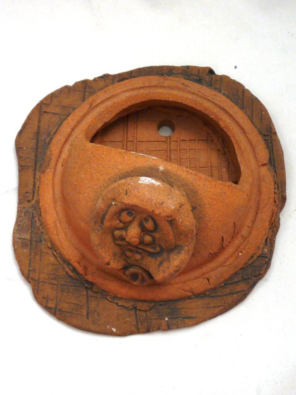 Vintage hand worke, gnome wall pocket planter hanging studio pottery terracota